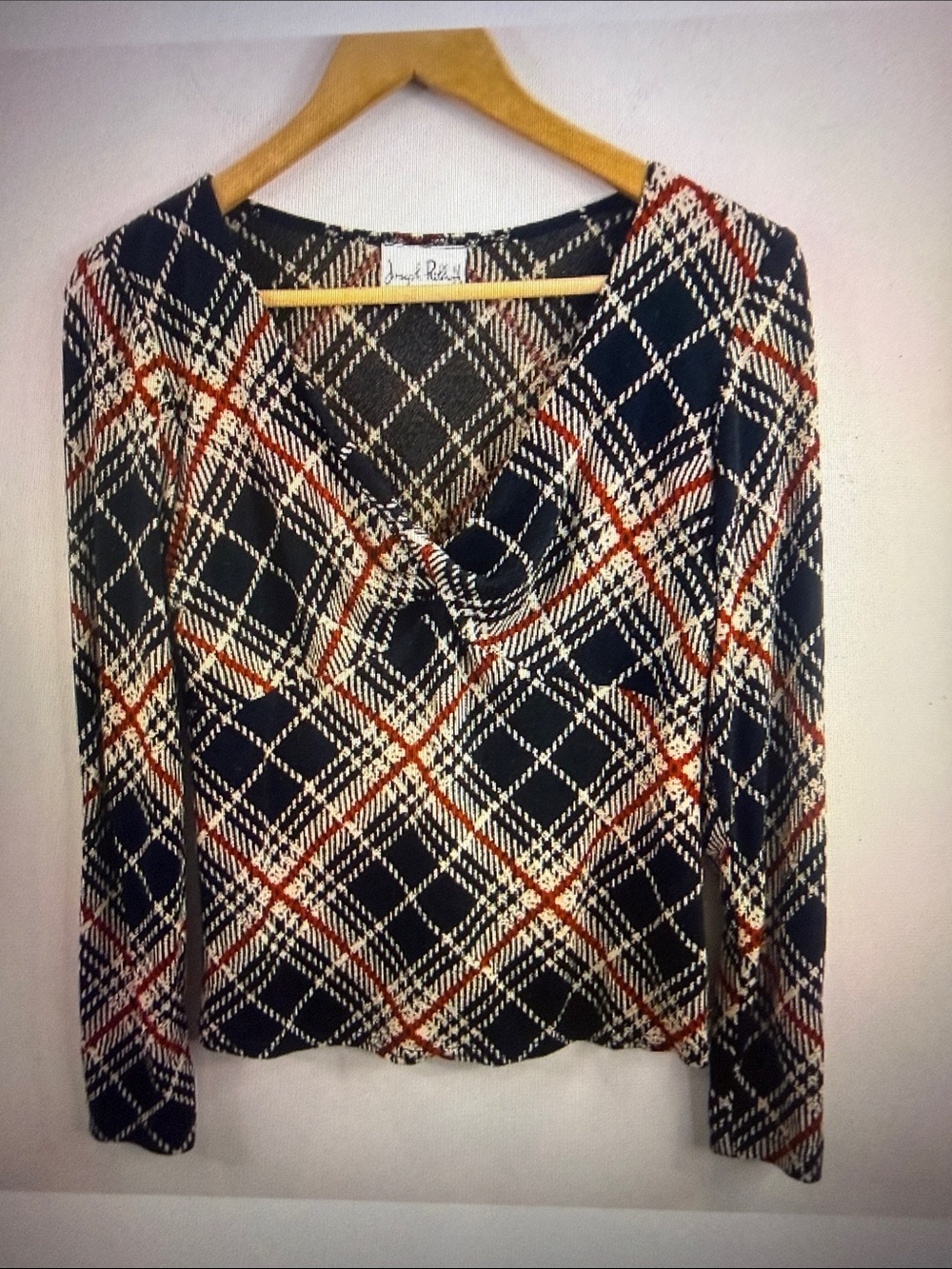 Joseph Ribkoff Woman Black Red Argyle Checked V Neck Long Sleeve Blouse Sz 10/12